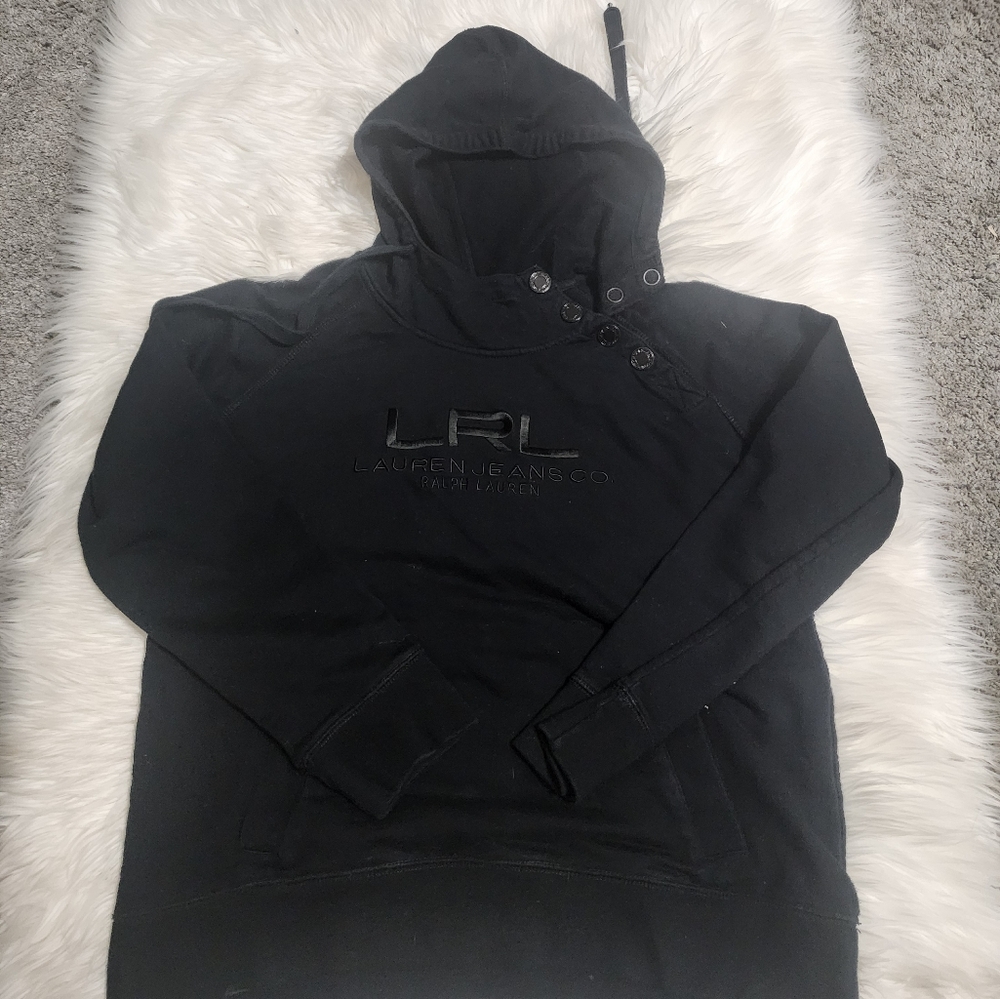 Lauren Ralph Lauren Women’s Fleece Sweatshirt Hooded Logo Front Black Size M